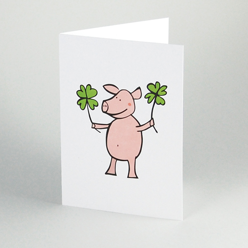 Lucky Pig with four Leaf Clover, funny greeting cards, printed on recycled cardboard