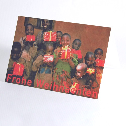 children with wrapped gifts, charity christmas cards for burundikids