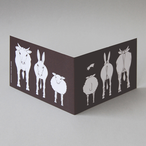 Ox, donkey and sheep looking at the star of Bethlehem, funny Corporate Christmas Cards
