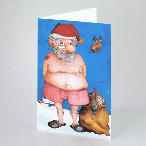 Santa in shorts - funny christmas cards: up and away