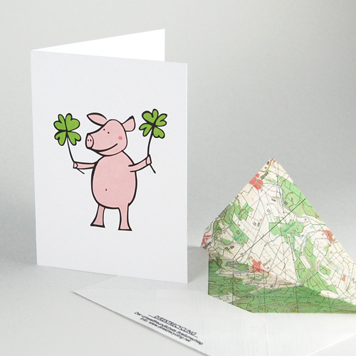 lucky Pig with four Leaf Clover, greeting cards printed on recycled cardboard