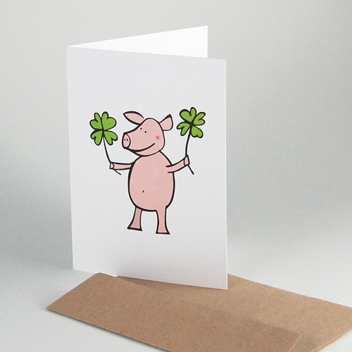 lucky Pig with four Leaf Clover, funny greeting cards, recycled cardboard