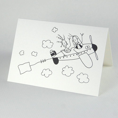 wedding cards: Bride and groom leaving on an airplane