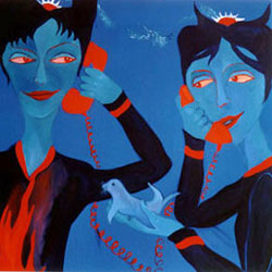 women on the phone, painting, 90 x 90cm