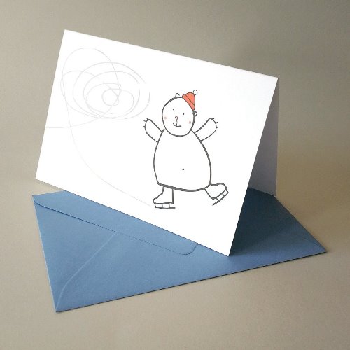 Skating Polar Bear, christmas cards with blue envelopes