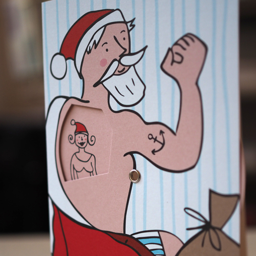 Santa Claus and his tattoos: Misses Santa - Christmas Cards with rotating disc