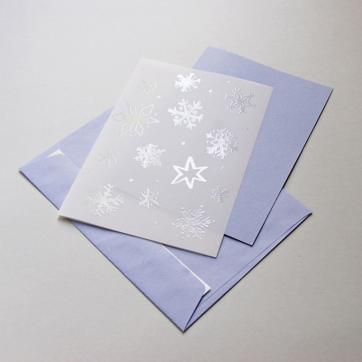 transparent christmas cards with lilac envelopes, DIN C5