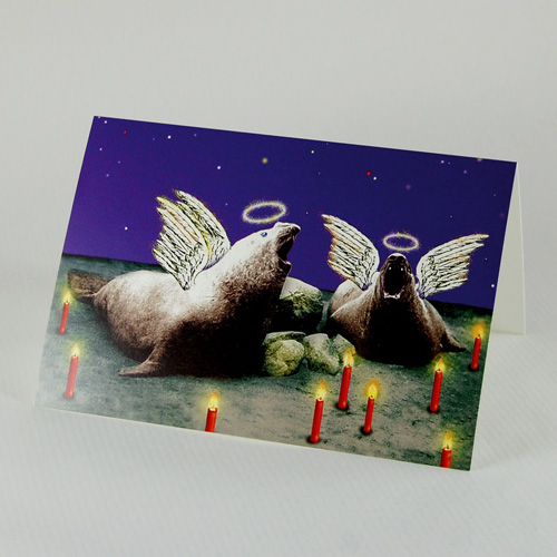 Elephant seals singing Christmas Carols, Corporate Christmas Cards with a lot of Kitsch