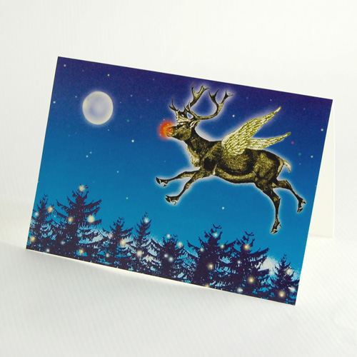 Christmascards: Rudolph flying over the woods